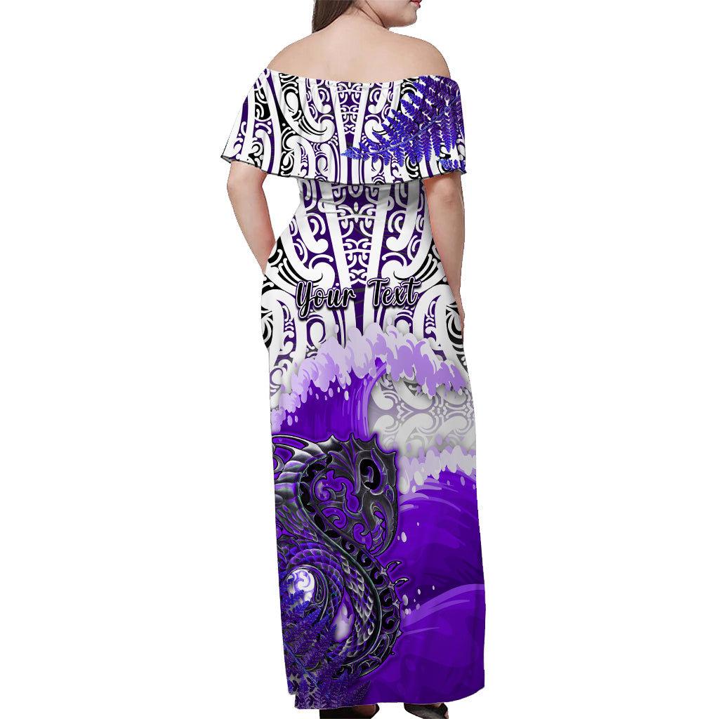 (Custom Personalised) Manaia Maori Off Shoulder Long Dress Fern Aotearoa Purple Waves - Vibe Hoodie Shop