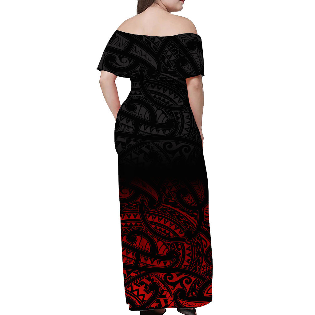 (Custom Personalised) New Zealand Off Shoulder Long Dress Maori Pattern Red - Vibe Hoodie Shop