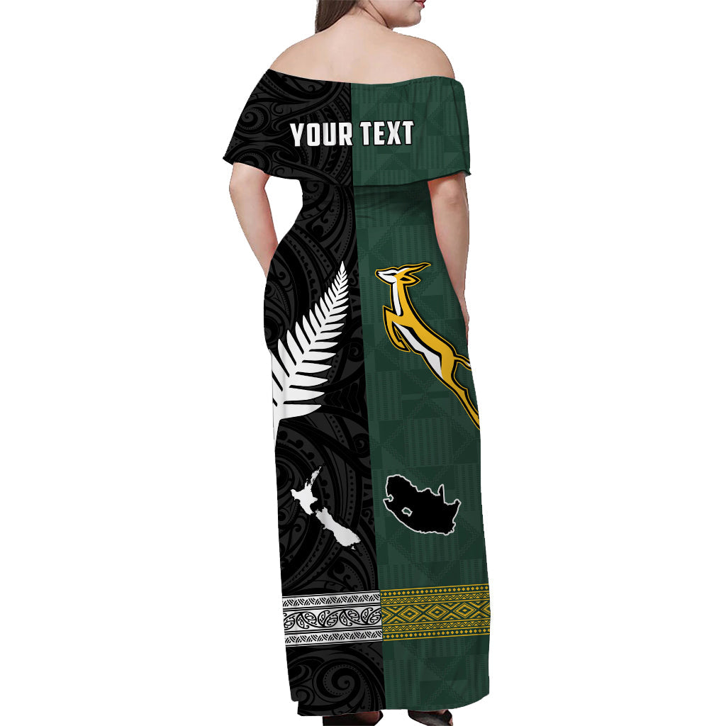 (Custom Personalised) South Africa Protea and New Zealand Fern Off Shoulder Long Dress Rugby Go Springboks vs All Black - Vibe Hoodie Shop