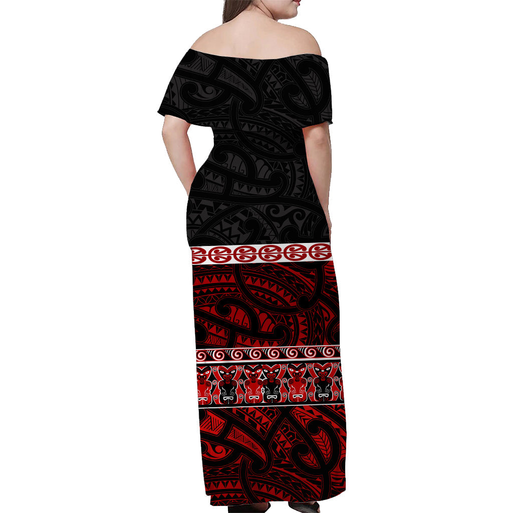 (Custom Personalised) New Zealand Off Shoulder Long Dress Maori Simple Red - Vibe Hoodie Shop