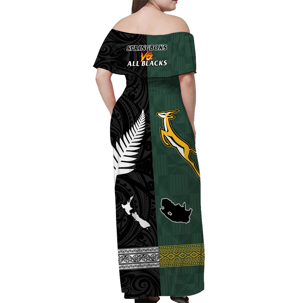 South Africa Protea and New Zealand Fern Off Shoulder Long Dress Rugby Go Springboks vs All Black - Vibe Hoodie Shop