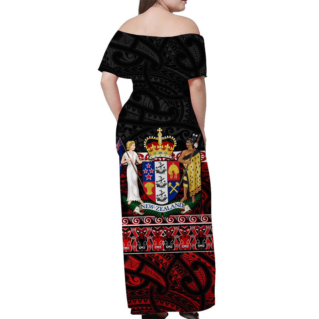 (Custom Personalised) New Zealand Off Shoulder Long Dress Maori Mix Coat Of Arms - Vibe Hoodie Shop