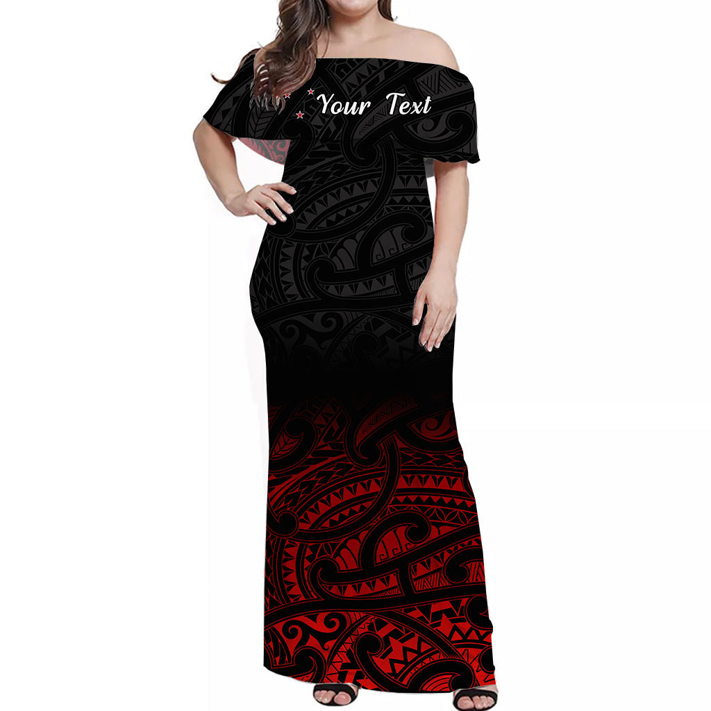 (Custom Personalised) New Zealand Off Shoulder Long Dress Maori Pattern Red - Vibe Hoodie Shop