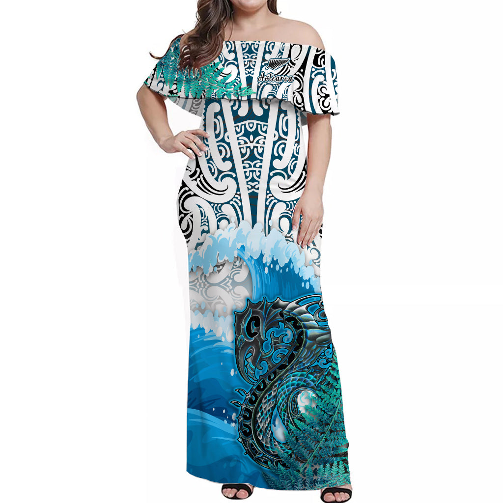 (Custom Personalised) Manaia Maori Off Shoulder Long Dress Fern Aotearoa Blue Waves - Vibe Hoodie Shop