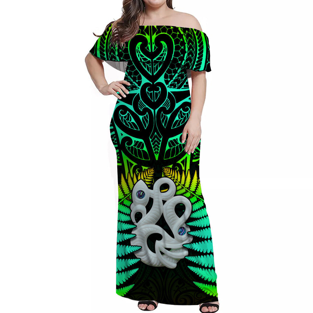 Aotearoa Fern Off Shoulder Long Dress New Zealand Hei Tiki Green Style - Vibe Hoodie Shop