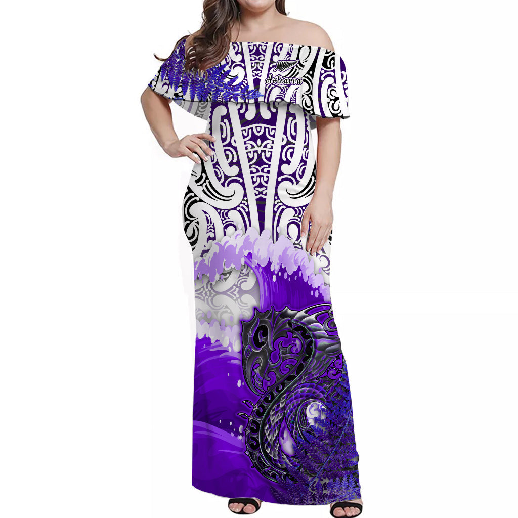 (Custom Personalised) Manaia Maori Off Shoulder Long Dress Fern Aotearoa Purple Waves - Vibe Hoodie Shop