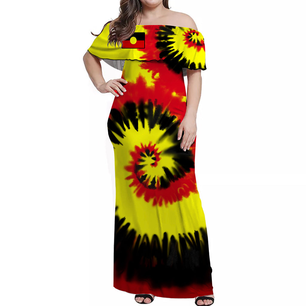 (Custom Text and Number) Australia Aboriginal Off Shoulder Long Dress Colorful Tie Dye - Vibe Hoodie Shop