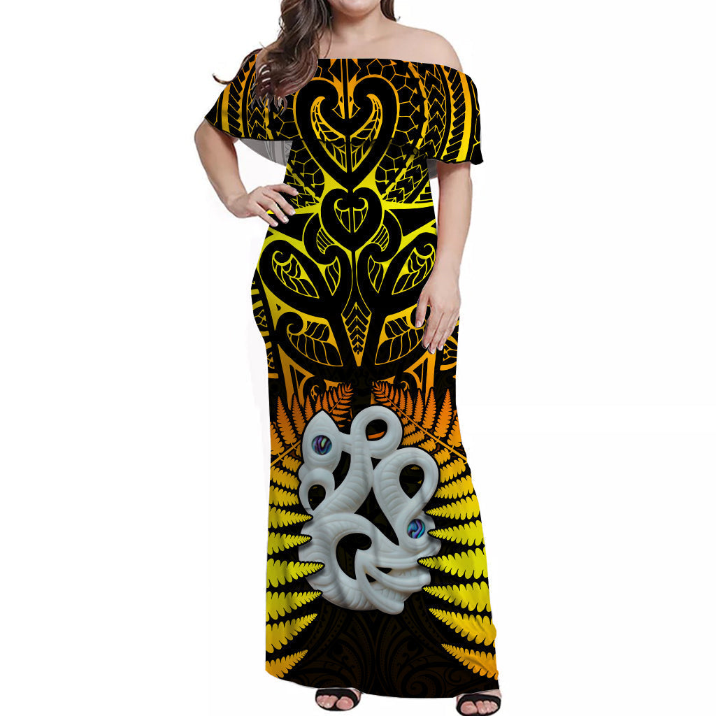 Aotearoa Fern Off Shoulder Long Dress New Zealand Hei Tiki Gold Style - Vibe Hoodie Shop