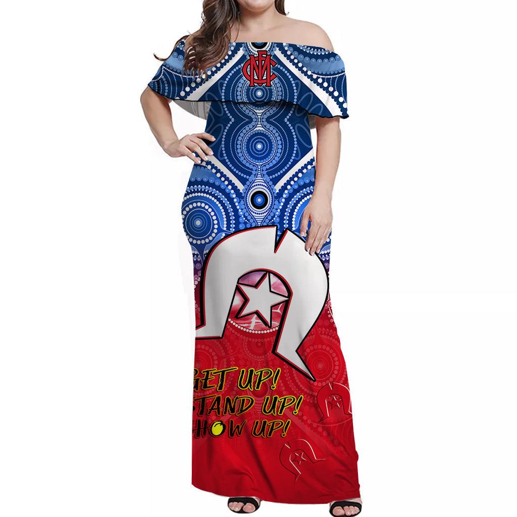 (Custom Personalised) Demons Football NAIDOC Week Off Shoulder Long Dress Melbourne North Melbourne Aboriginal Dhari - Vibe Hoodie Shop