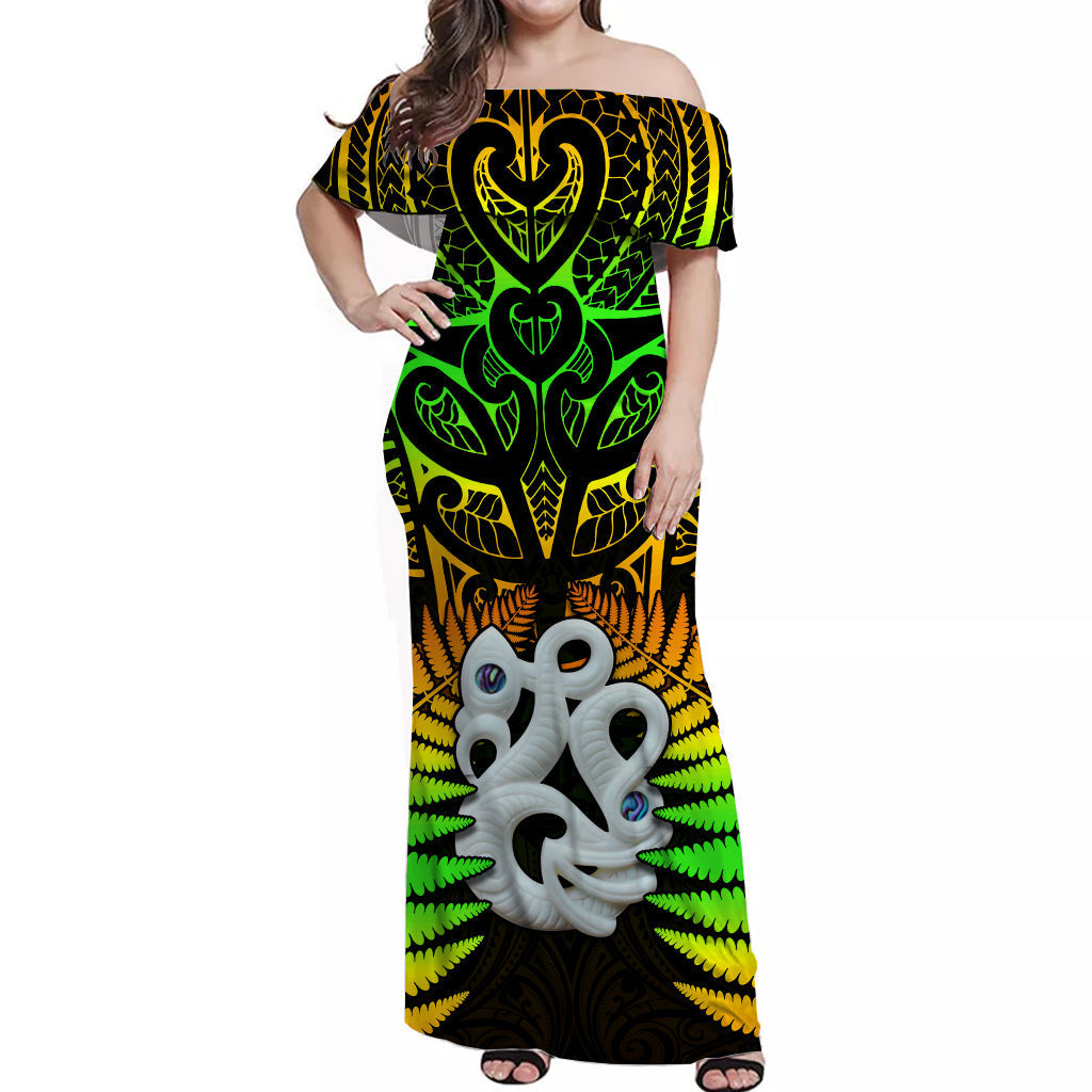 Aotearoa Fern Off Shoulder Long Dress New Zealand Hei Tiki Special Style - Vibe Hoodie Shop