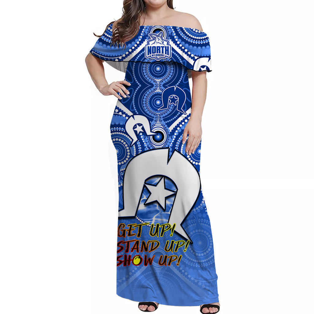 (Custom Personalised) Kangaroos Football NAIDOC Week Off Shoulder Long Dress North Melbourne Aboriginal Dhari - Vibe Hoodie Shop