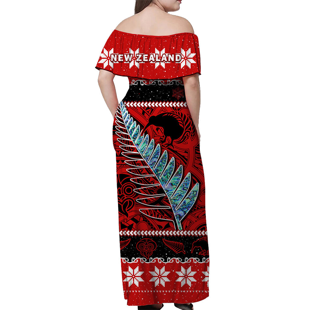 New Zealand Christmas Off Shoulder Long Dress Paua Shell Silver Fern Meri Kirihimete - Vibe Hoodie Shop