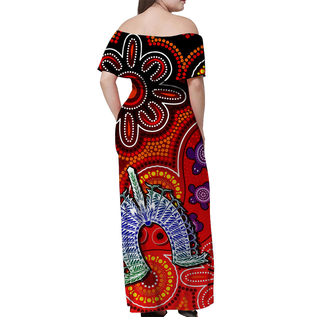 Australia NAIDOC Week Off Shoulder Long Dress Australian Aboriginal Dhari Kangaroo Artsy Style - Vibe Hoodie Shop