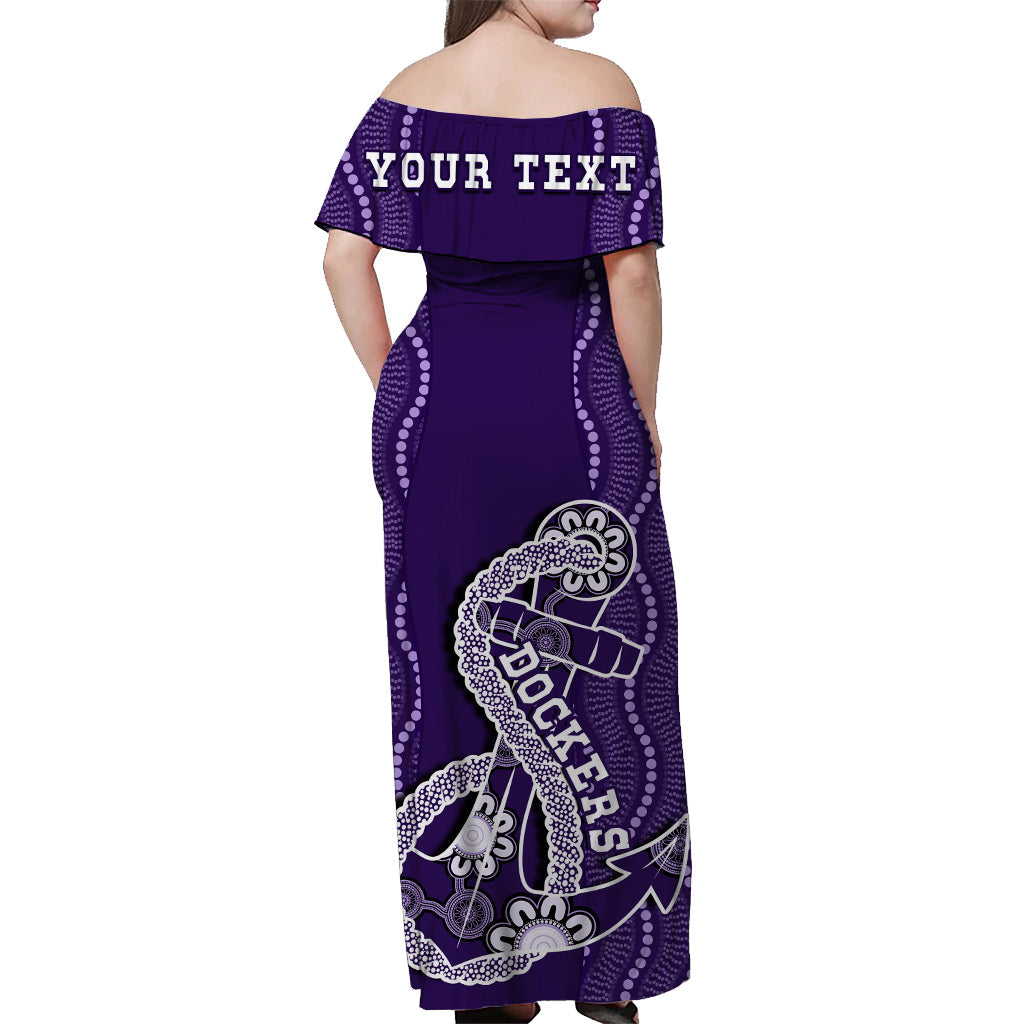 (Custom Personalised) Dockers Football Off Shoulder Long Dress Fremantle Anchor Mix Aboriginal Pattern Dynamic Style - Vibe Hoodie Shop