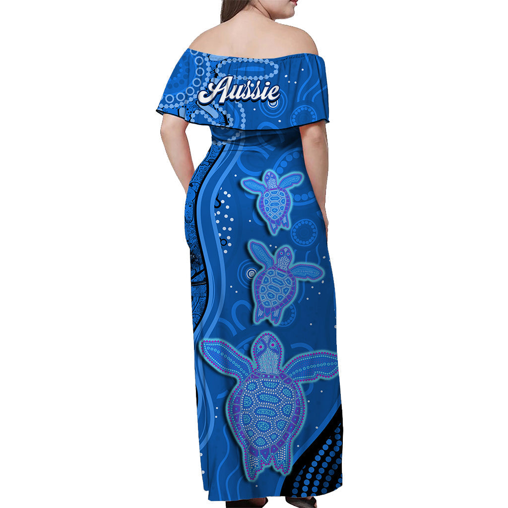 Australian Aboriginal Art Off Shoulder Long Dress Aussie Turtle Blue Version - Vibe Hoodie Shop