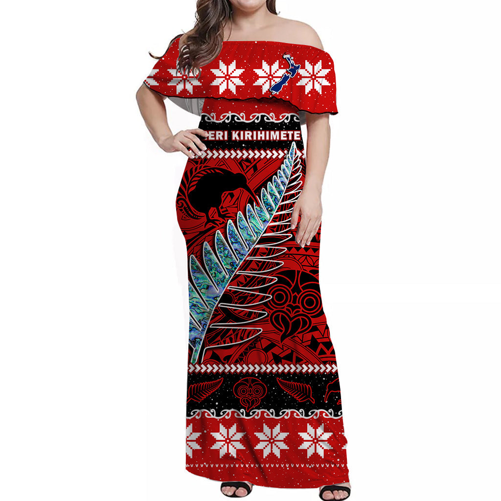 New Zealand Christmas Off Shoulder Long Dress Paua Shell Silver Fern Meri Kirihimete - Vibe Hoodie Shop