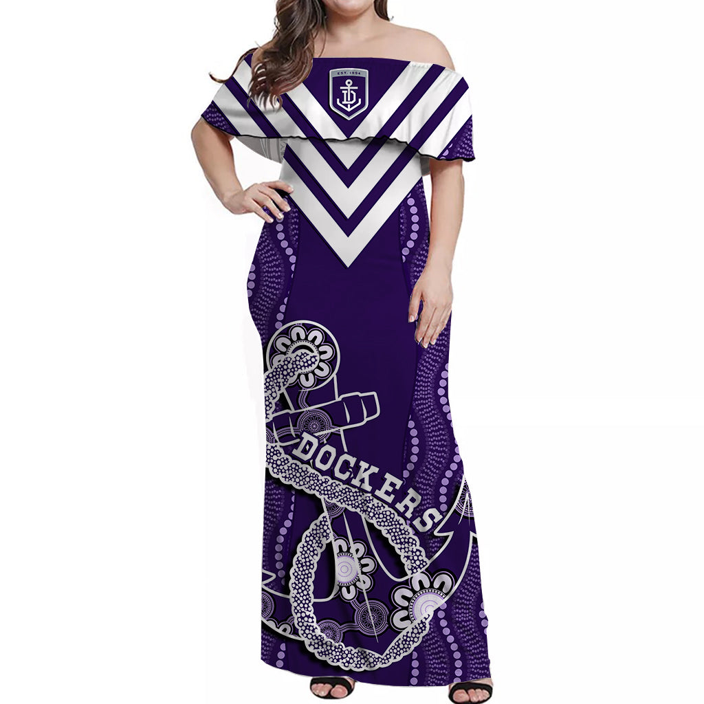 (Custom Personalised) Dockers Football Off Shoulder Long Dress Fremantle Anchor Mix Aboriginal Pattern Dynamic Style - Vibe Hoodie Shop