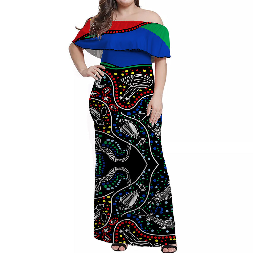 (Custom Peronalised) NAIDOC Week Off Shoulder Long Dress National Aborigines And Torres Strait Islander Animals Aboriginal Art - Vibe Hoodie Shop