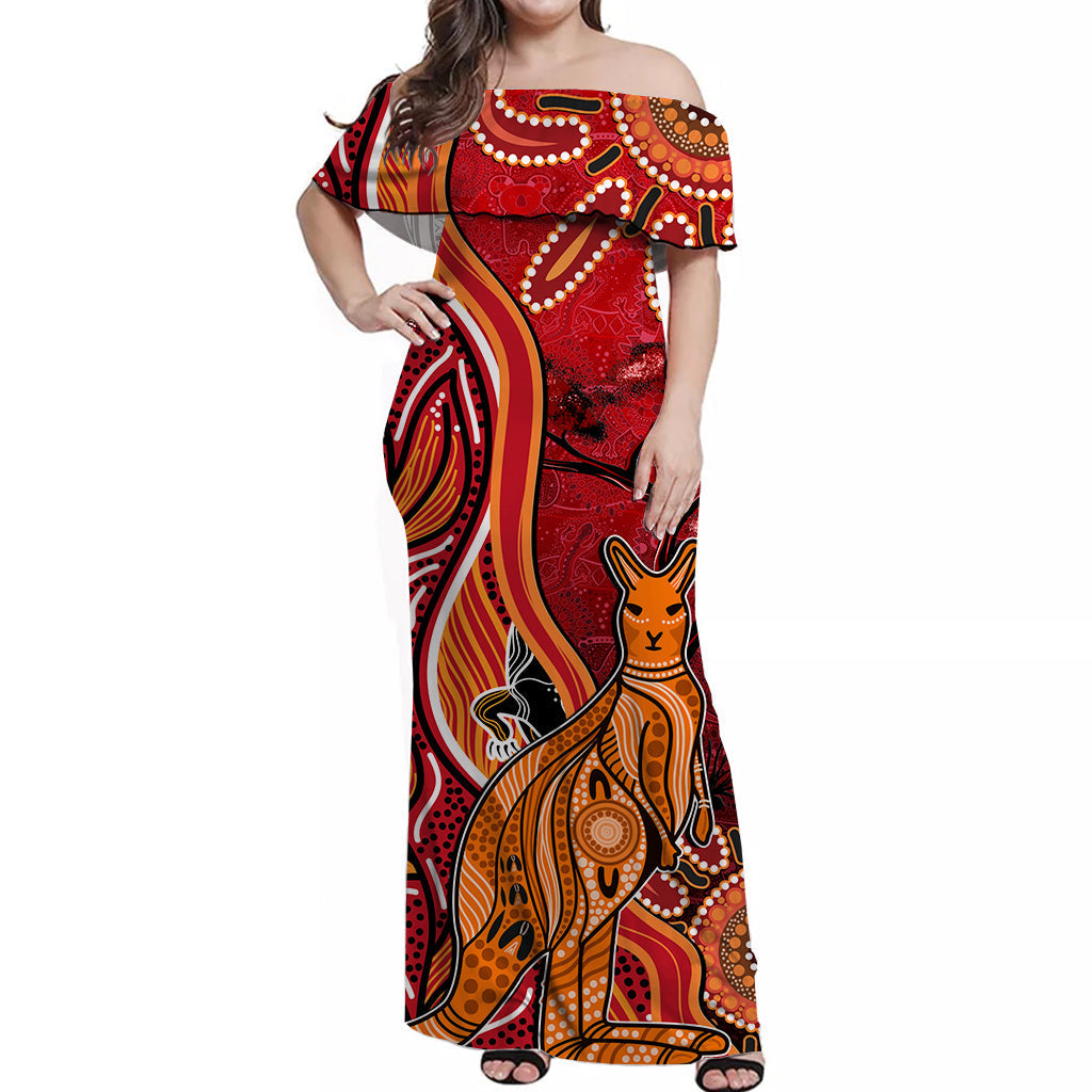 (Custom Personalised) Australian Aboriginal Art Off Shoulder Long Dress Aussie Animal Red Version - Vibe Hoodie Shop