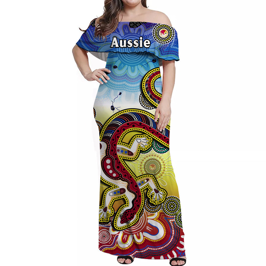 (Custom Personalised) Australia Off Shoulder Long Dress Indigenous Red Lizard Love Aussie Artsy - Vibe Hoodie Shop