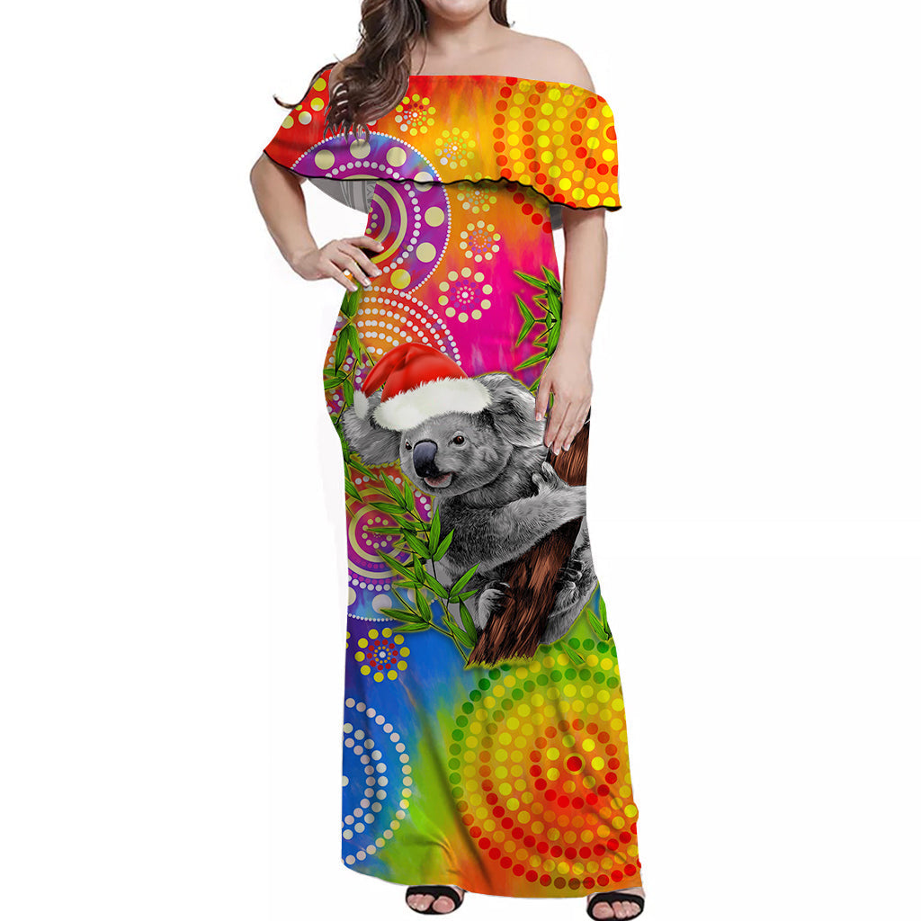 (Custom Personalised) Australia Koala Aboriginal Off Shoulder Long Dress Rainbow Tie Dye Merry Christmas - Vibe Hoodie Shop