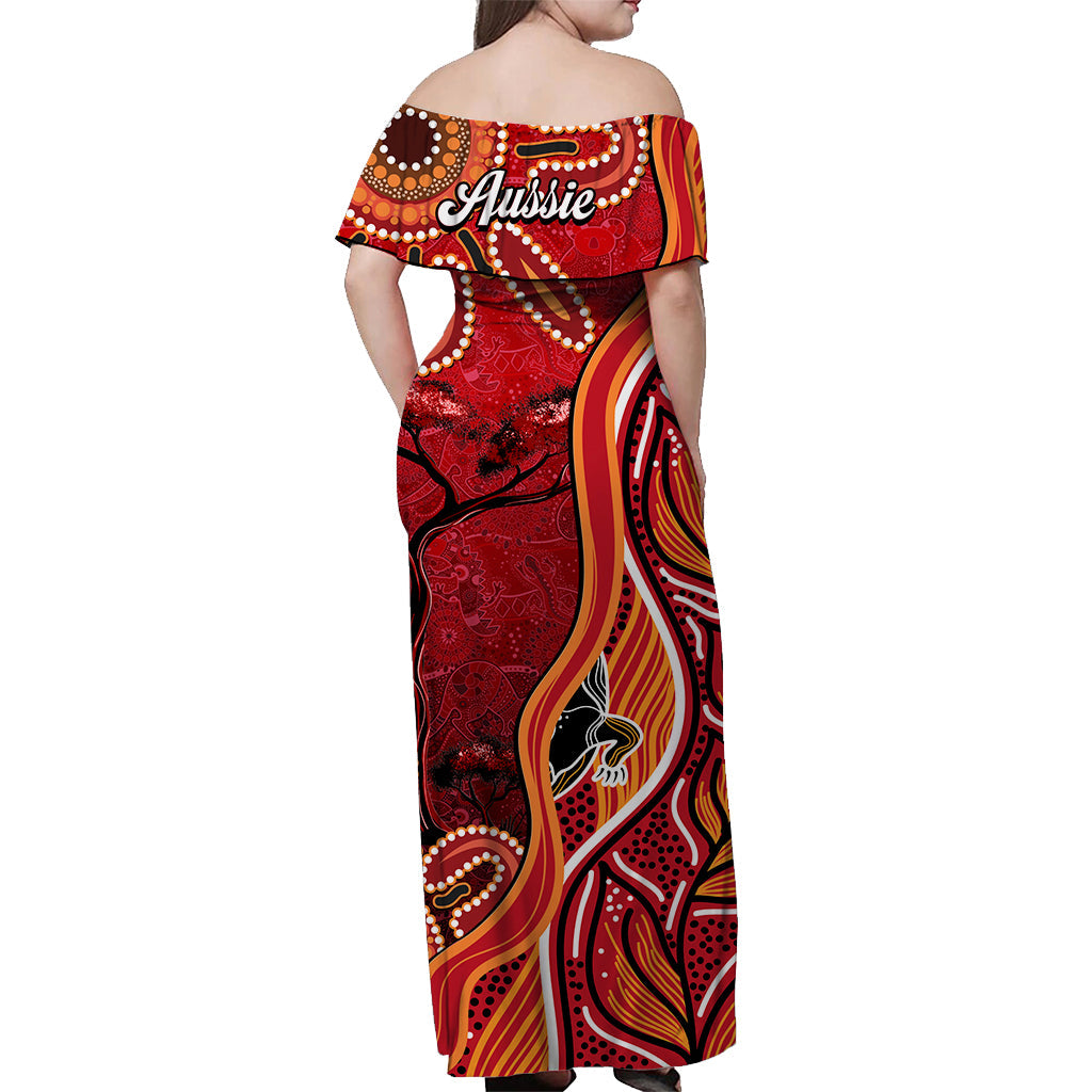 Australian Aboriginal Art Off Shoulder Long Dress Aussie Animal Red Version - Vibe Hoodie Shop