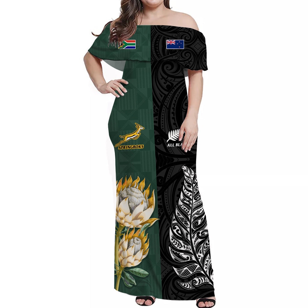 (Custom Personalised) South Africa Protea and New Zealand Fern Off Shoulder Long Dress Rugby Go Springboks vs All Black - Vibe Hoodie Shop