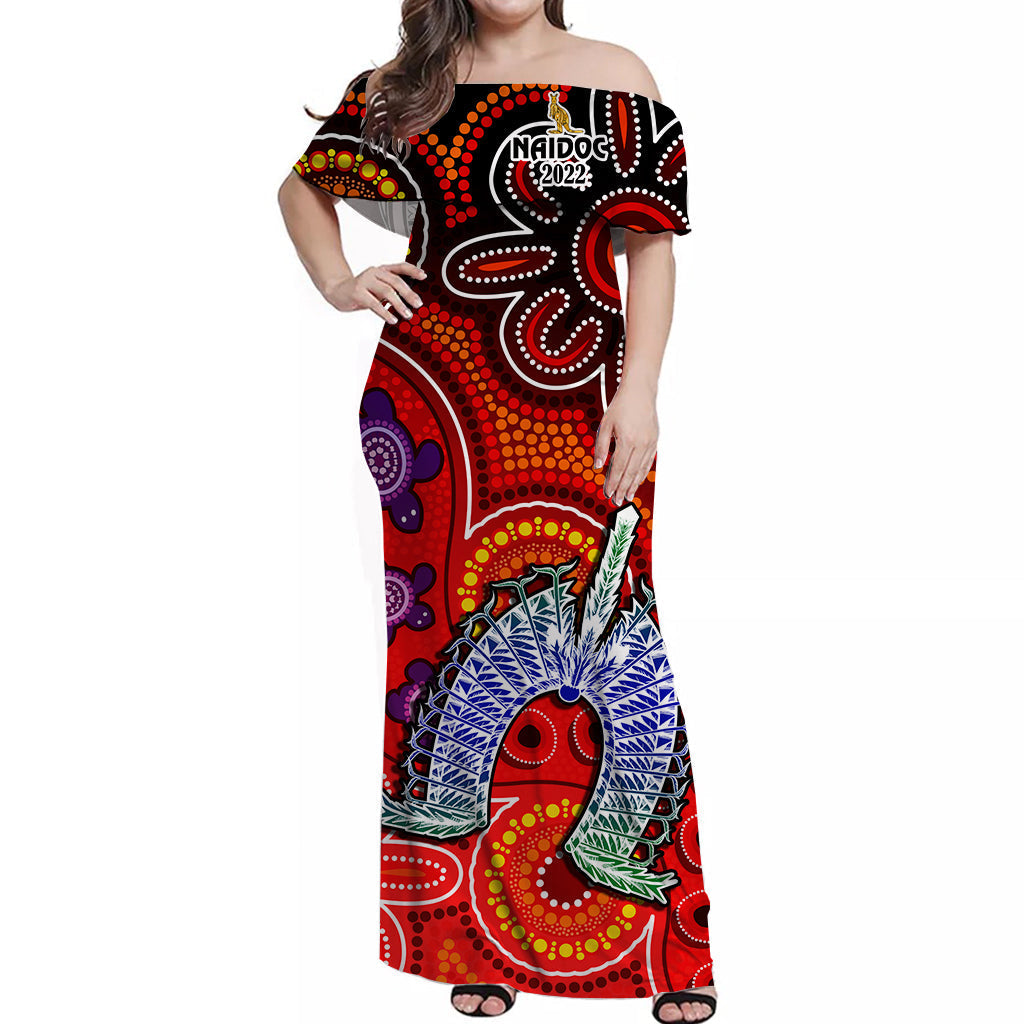 Australia NAIDOC Week Off Shoulder Long Dress Australian Aboriginal Dhari Kangaroo Artsy Style - Vibe Hoodie Shop