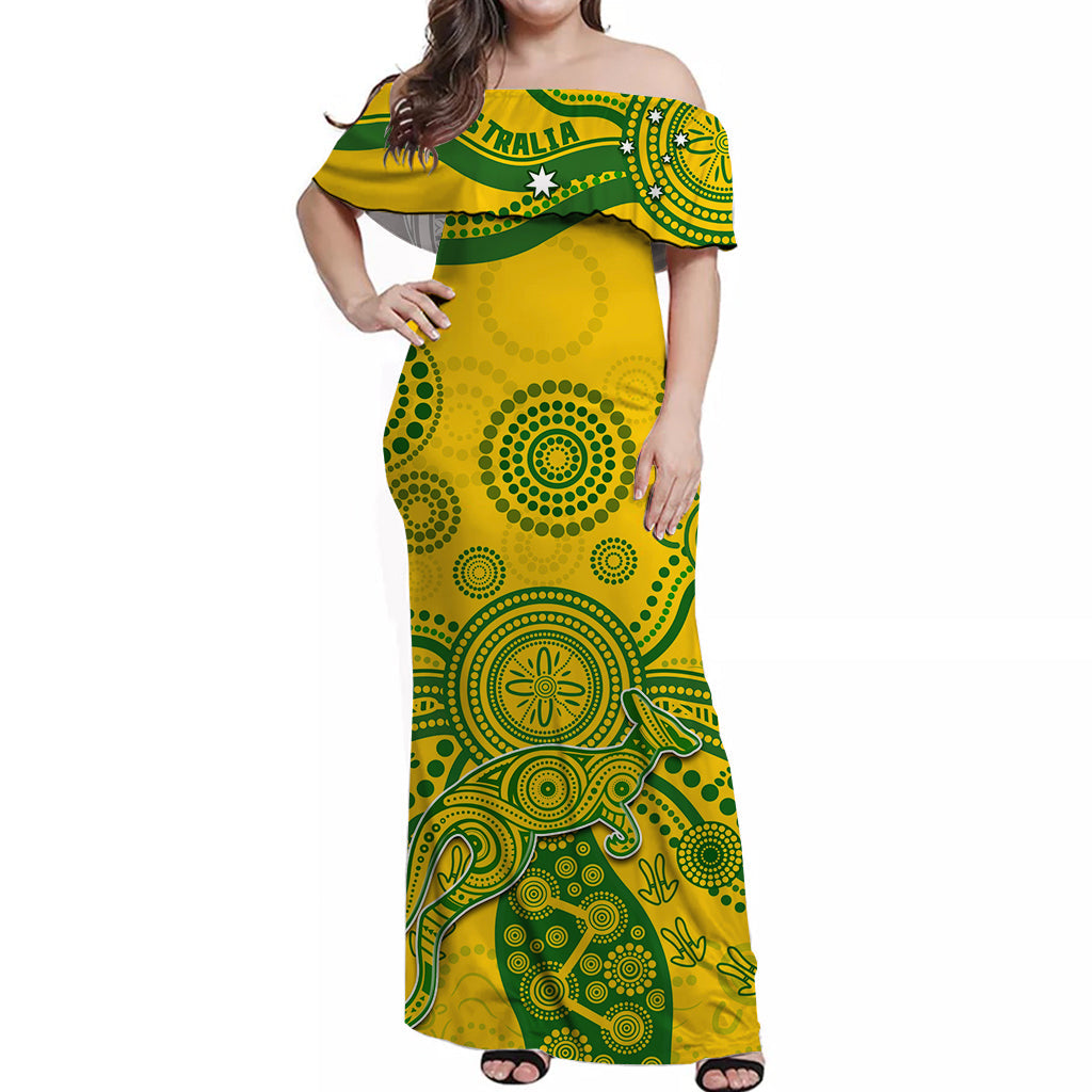 (Custom Text And Number) Australia Off Shoulder Long Dress National Colours Proud Aussie Special Indigenous - Vibe Hoodie Shop