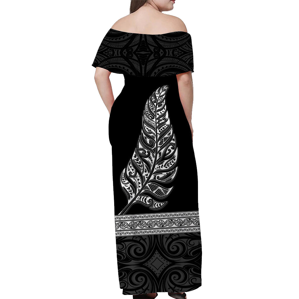 (Custom Personalised) New Zealand Off Shoulder Long Dress Maori Pattern Silver Fern Black - Vibe Hoodie Shop