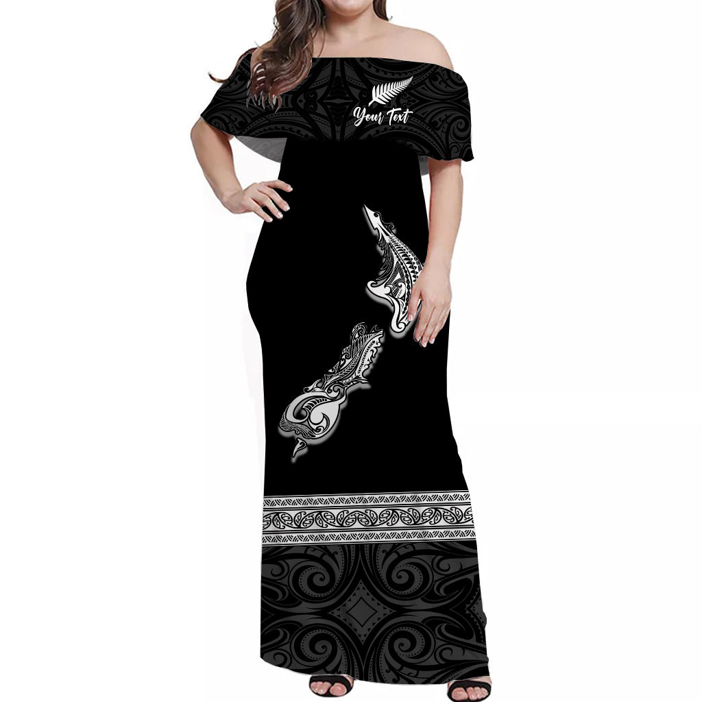 (Custom Personalised) New Zealand Off Shoulder Long Dress Maori Fern and Map Black - Vibe Hoodie Shop