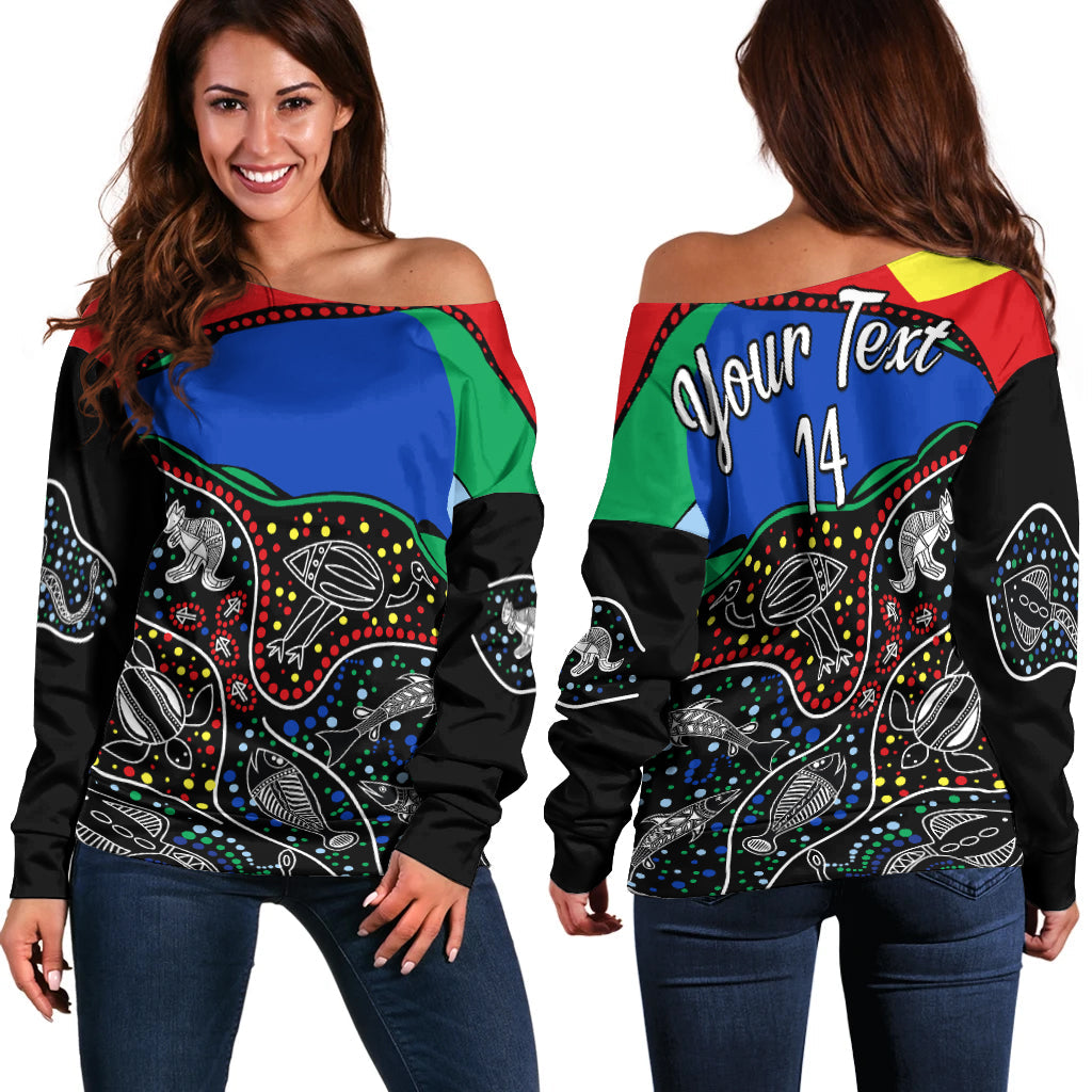 (Custom Text and Number) NAIDOC Week Off Shoulder Sweater National Aborigines And Torres Strait Islander Animals Aboriginal Art - Vibe Hoodie Shop