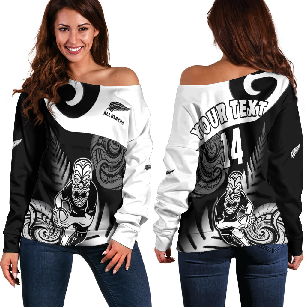 Custom Text And Number New Zealand Silver Fern Rugby Off Shoulder Sweater All Black Maori Koru - Vibe Hoodie Shop