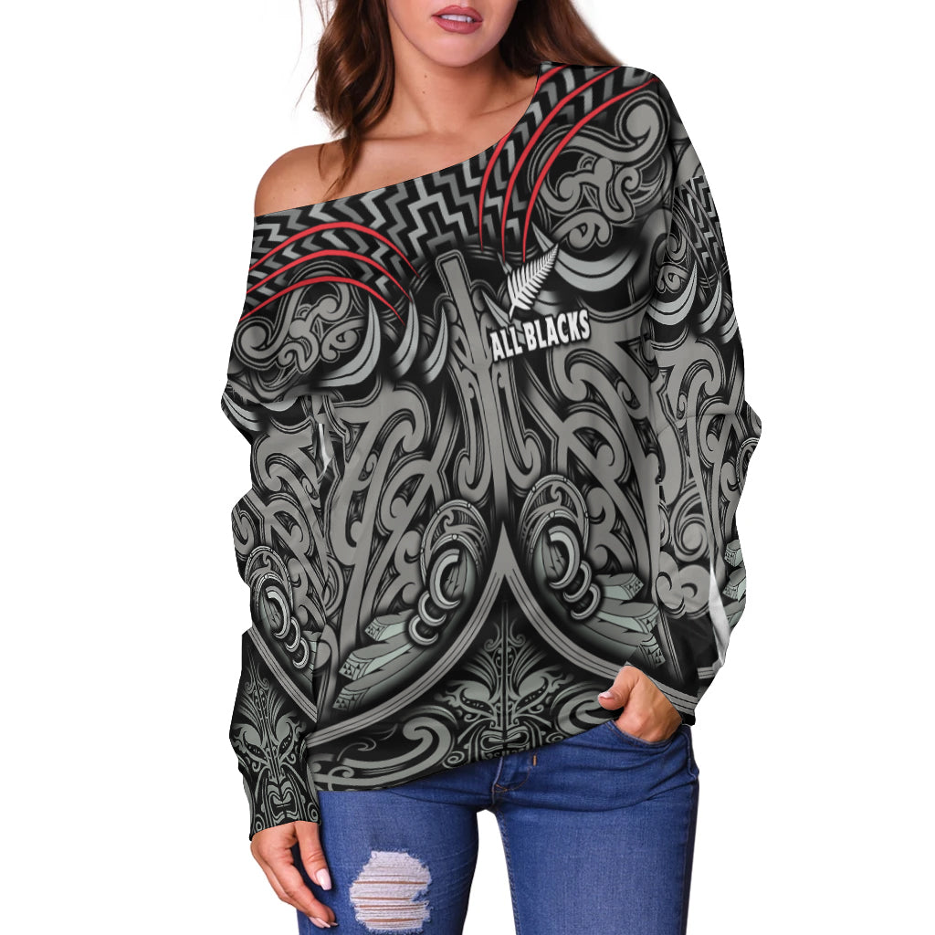 (Custom Personalised) New Zealand Silver Fern Rugby Off Shoulder Sweater All Black NZ Maori Pattern - Vibe Hoodie Shop