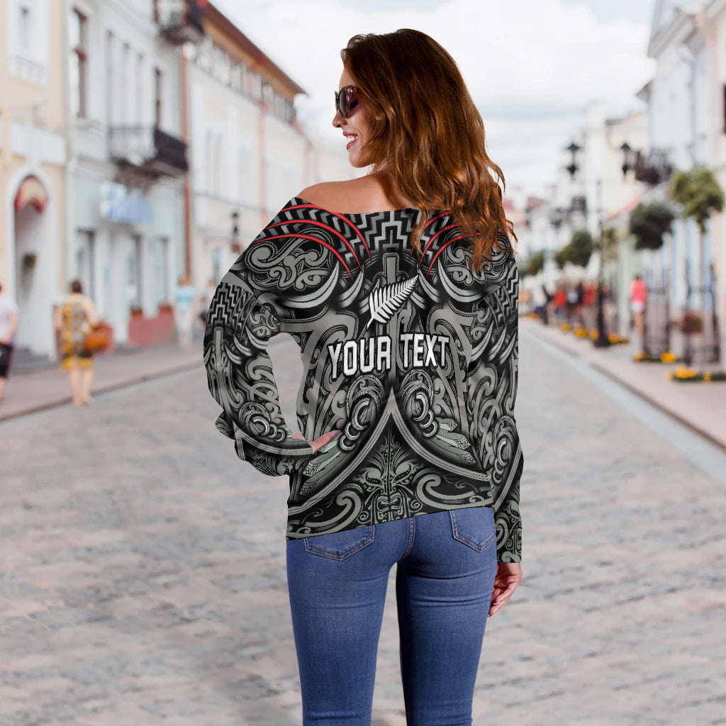 (Custom Personalised) New Zealand Silver Fern Rugby Off Shoulder Sweater All Black NZ Maori Pattern - Vibe Hoodie Shop