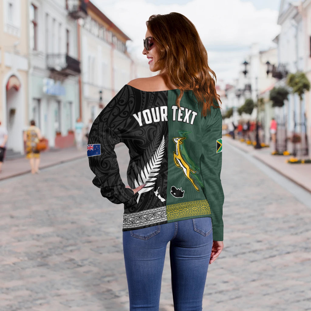 (Custom Personalised) South Africa Protea and New Zealand Fern Off Shoulder Sweater Rugby Go Springboks vs All Black - Vibe Hoodie Shop