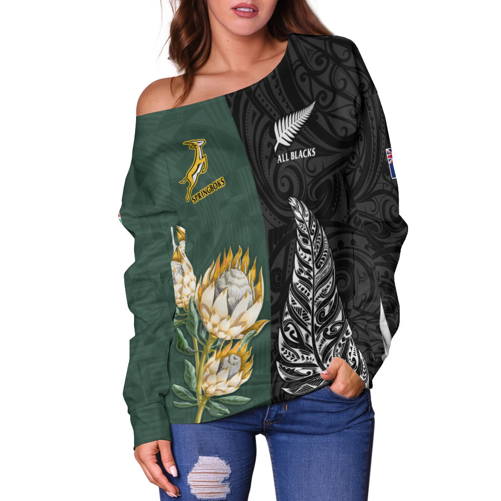 (Custom Personalised) South Africa Protea and New Zealand Fern Off Shoulder Sweater Rugby Go Springboks vs All Black - Vibe Hoodie Shop