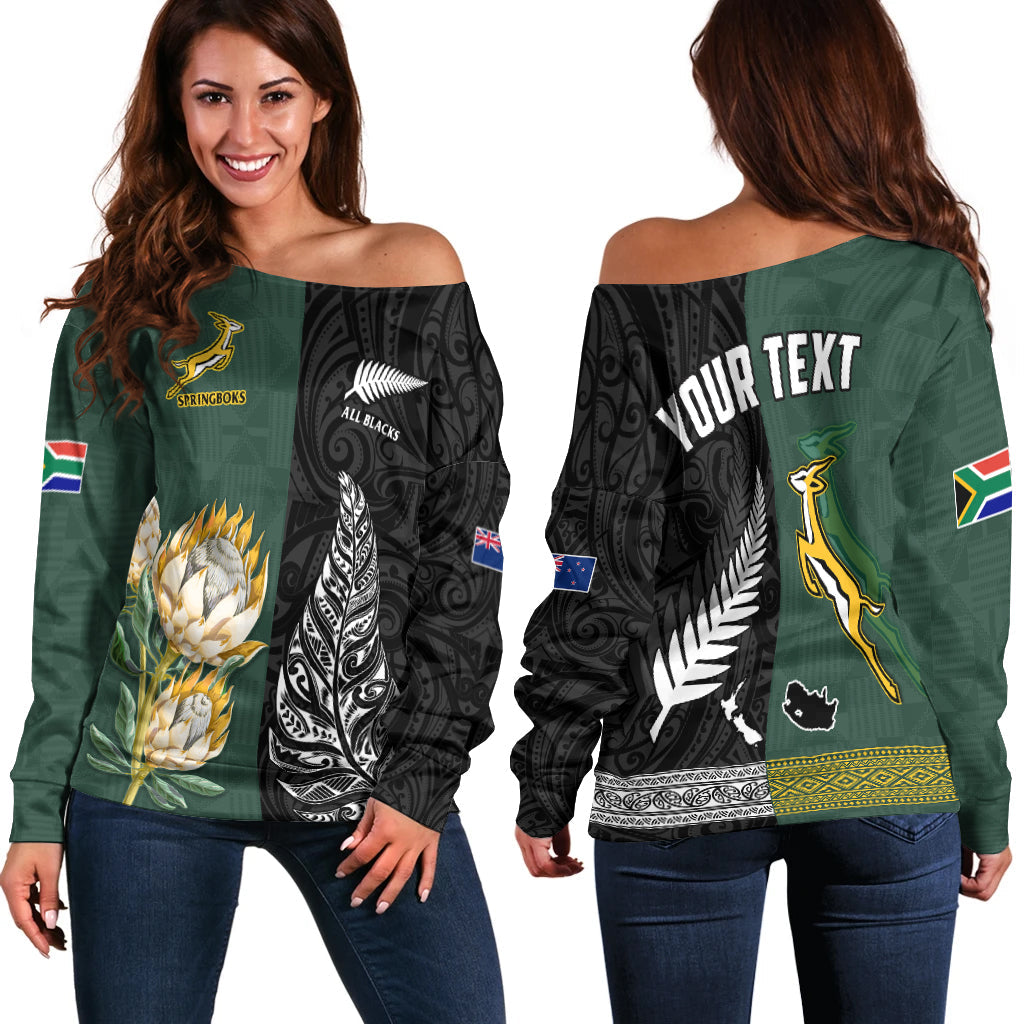 (Custom Personalised) South Africa Protea and New Zealand Fern Off Shoulder Sweater Rugby Go Springboks vs All Black - Vibe Hoodie Shop