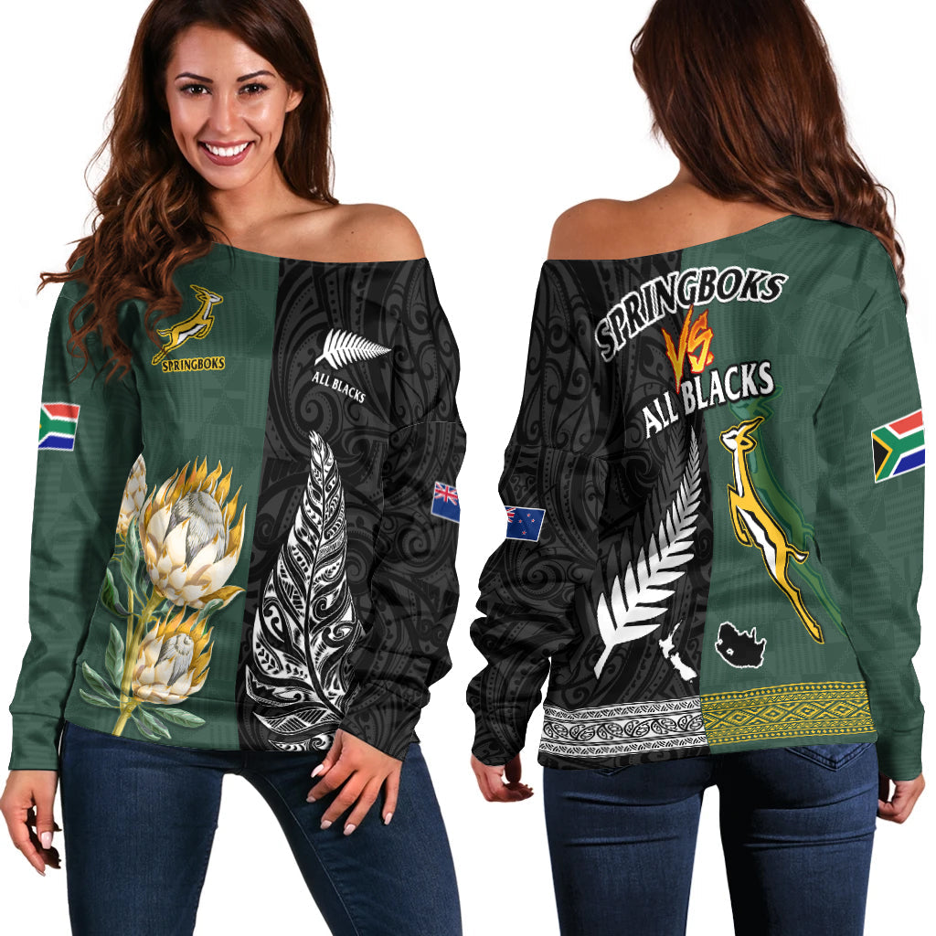 South Africa Protea and New Zealand Fern Off Shoulder Sweater Rugby Go Springboks vs All Black - Vibe Hoodie Shop