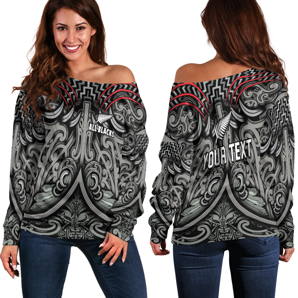 (Custom Personalised) New Zealand Silver Fern Rugby Off Shoulder Sweater All Black NZ Maori Pattern - Vibe Hoodie Shop