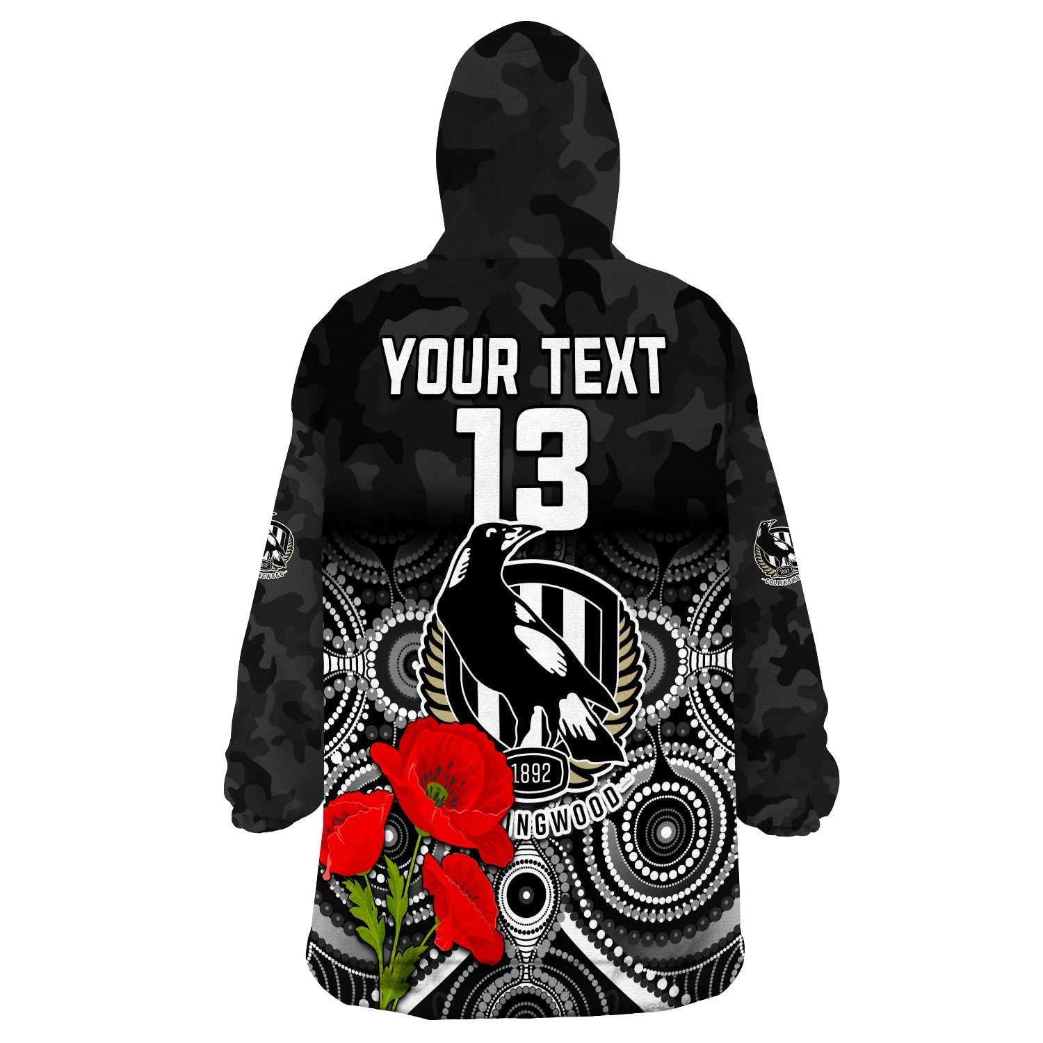 (Custom Text and Number) Magpies Football ANZAC Day Wearable Blanket Hoodie Aboriginal Poppy Flowers - Vibe Hoodie Shop