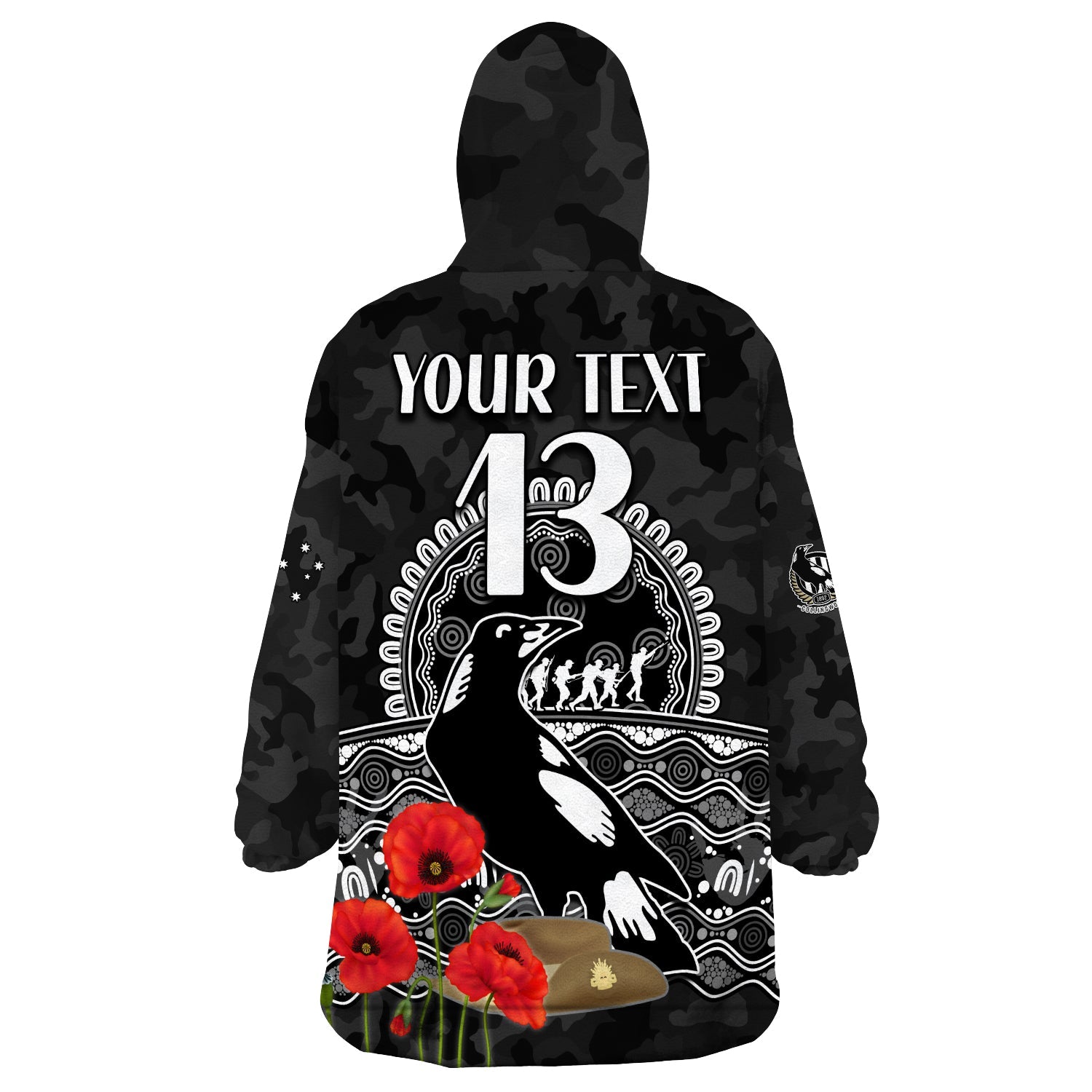 (Custom Text and Number) Magpies Football ANZAC Day Wearable Blanket Hoodie Speical Poppy mix Aboriginal - Vibe Hoodie Shop