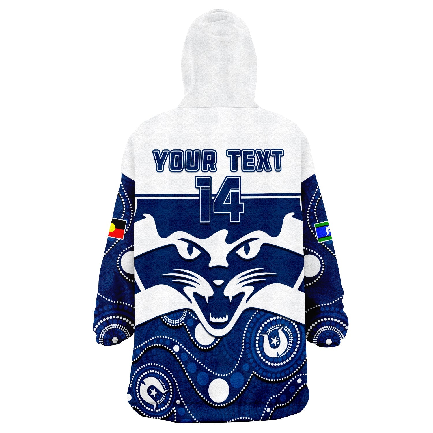 (Custom Text And Number) Geelong Football NAIDOC 2023 Wearable Blanket Hoodie Cats For Our Elders Indigenous Art - Vibe Hoodie Shop