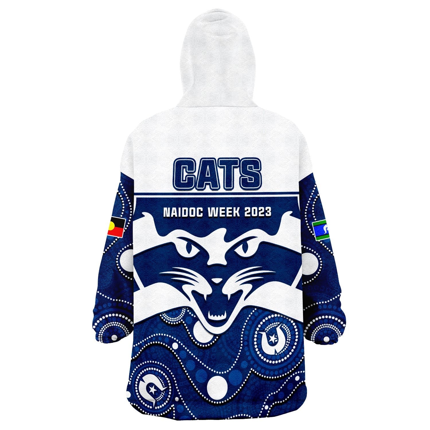 Geelong Football NAIDOC 2023 Wearable Blanket Hoodie Cats For Our Elders Indigenous Art - Vibe Hoodie Shop