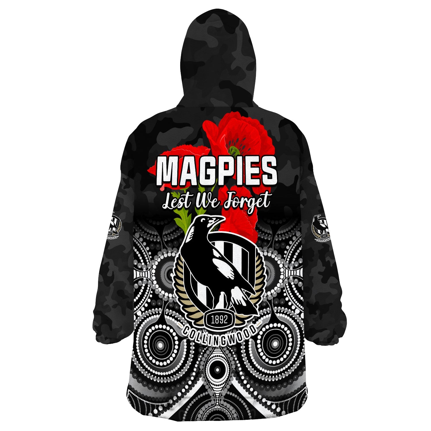 Magpies Football ANZAC Day Wearable Blanket Hoodie Aboriginal Poppy Flowers - Vibe Hoodie Shop