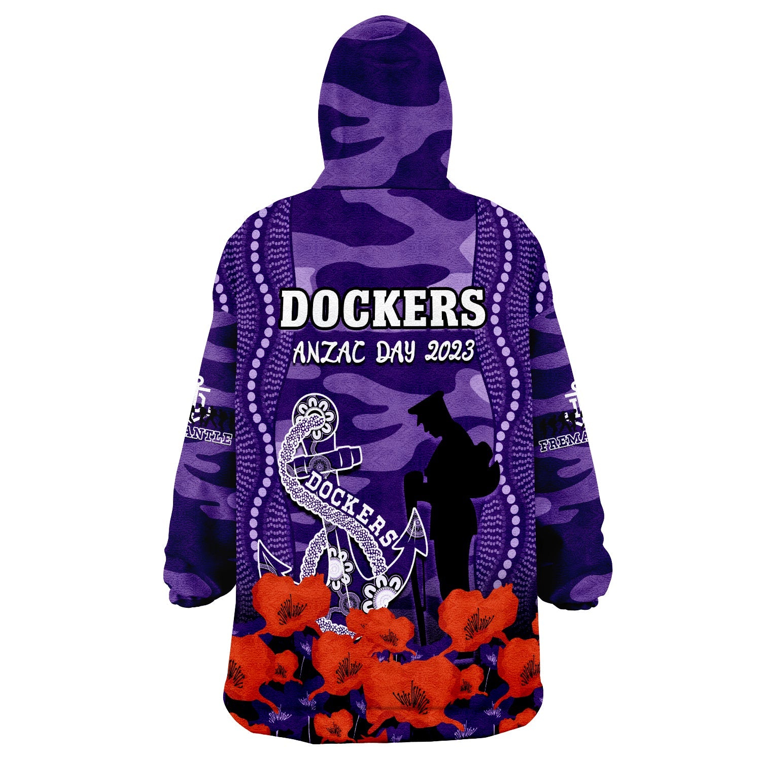 Dockers Football ANZAC 2023 Wearable Blanket Hoodie Aboriginal Mix Poppy Camouflage - Vibe Hoodie Shop