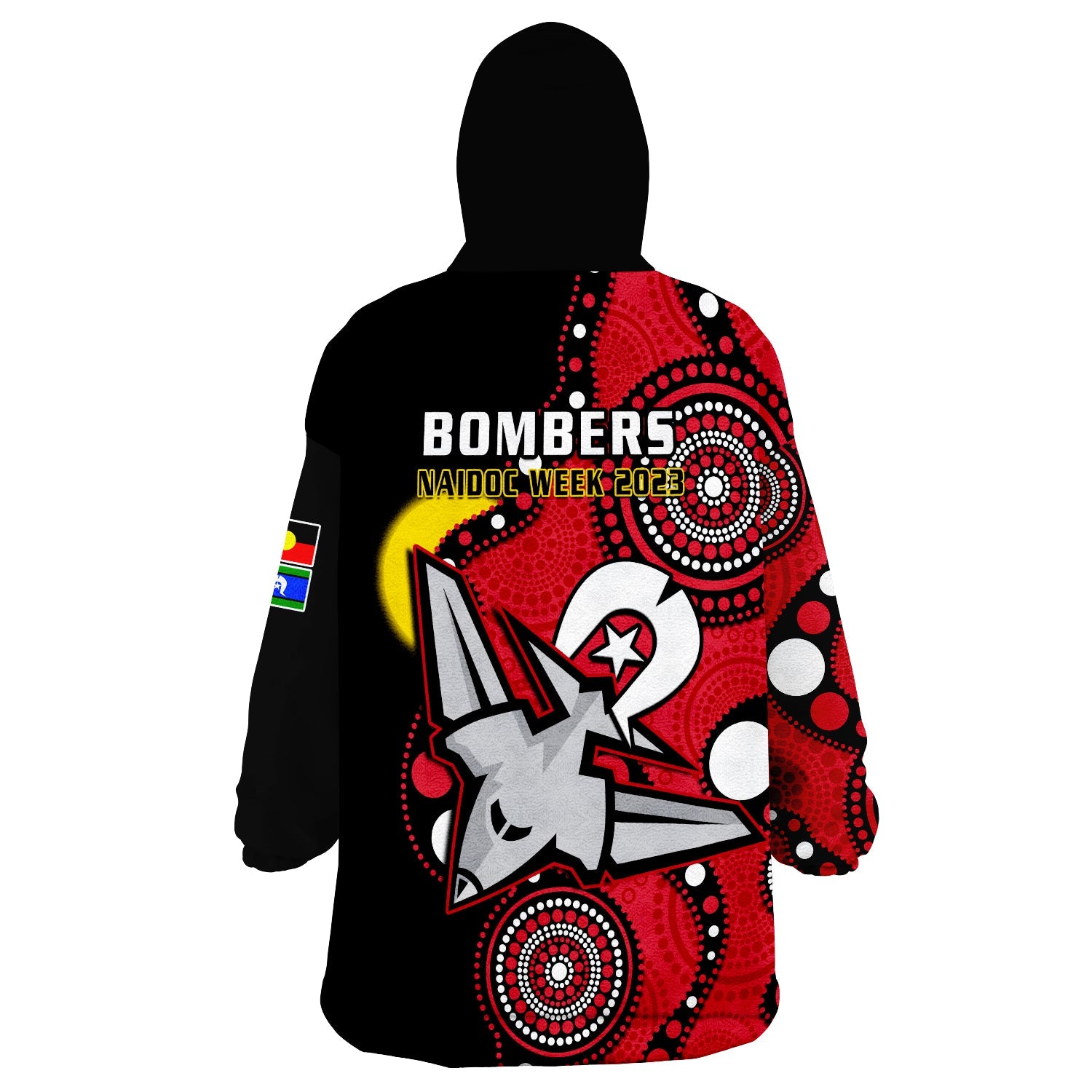 Essendon Football NAIDOC 2023 Wearable Blanket Hoodie Bombers For Our Elders Indigenous Art - Vibe Hoodie Shop