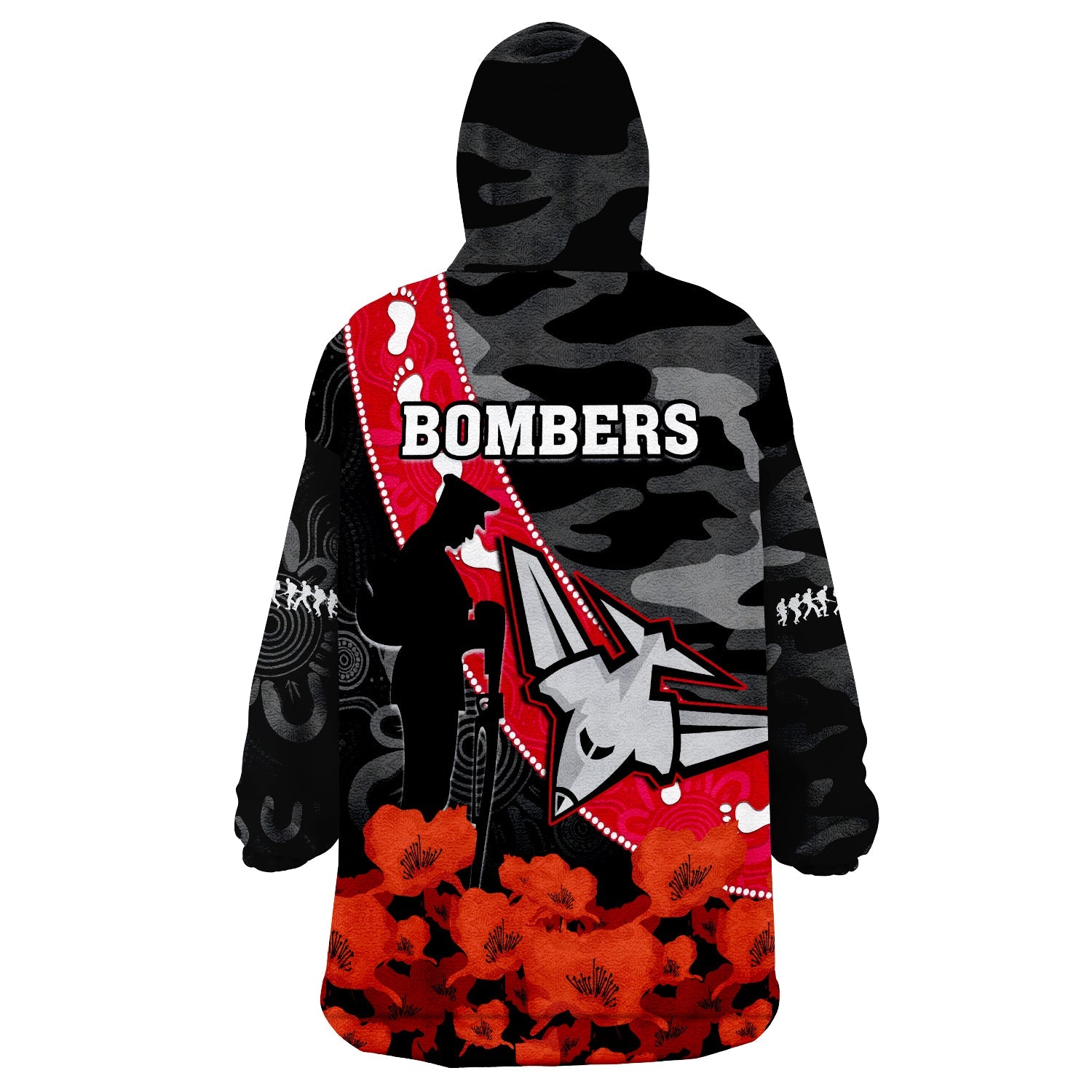 Essendon Football ANZAC 2023 Wearable Blanket Hoodie Bombers Aboriginal Mix Poppy Camouflage - Vibe Hoodie Shop