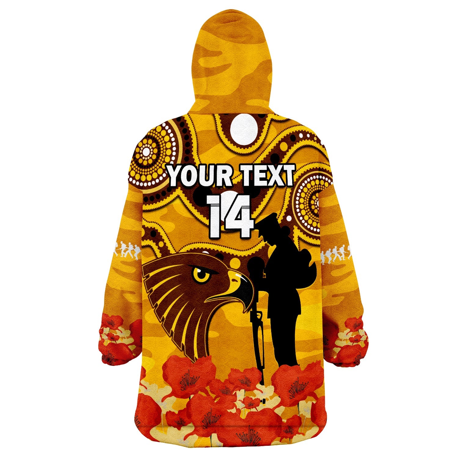 (Custom Text And Number) Hawks Football ANZAC 2023 Wearable Blanket Hoodie Indigenous Mix Poppy Camouflage - Vibe Hoodie Shop