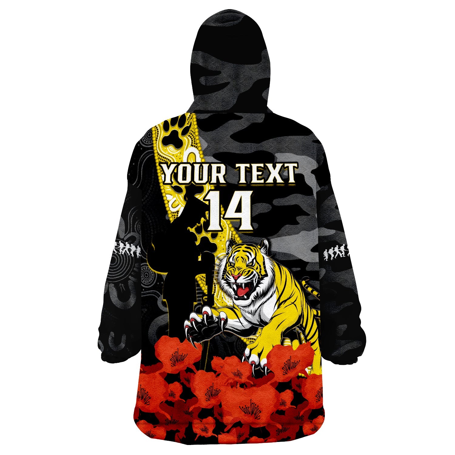 (Custom Text And Number) Richmond Football ANZAC 2023 Wearable Blanket Hoodie Tigers Aboriginal Mix Poppy Camouflage - Vibe Hoodie Shop